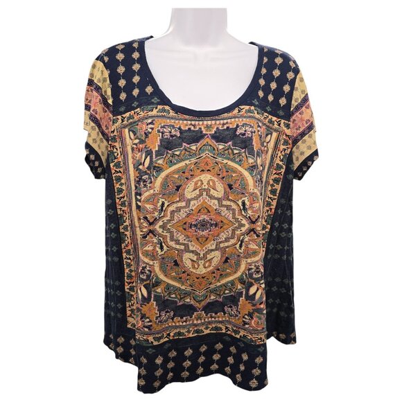 LUCKY BRAND Women's 1X Navy Blue Persian Carpet Rug Boho Lightweight Graphic Tee - Picture 3 of 15